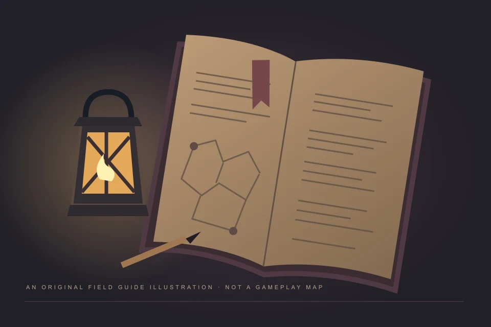 Original field notebook illustration with a lantern and stylized branching paths; not an exact in-game route.
