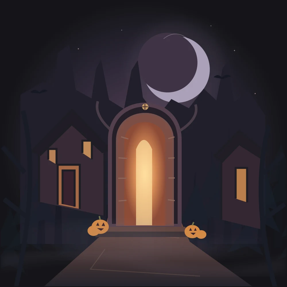 Original atmospheric illustration of an orange doorway beneath a violet moon in a misty village; not a gameplay map.